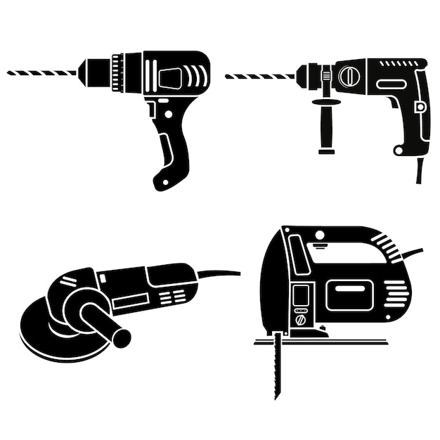 Conjunto de herramientas de construcción, taladro eléctrico, martillo y amoladora, plantilla de icono negro.