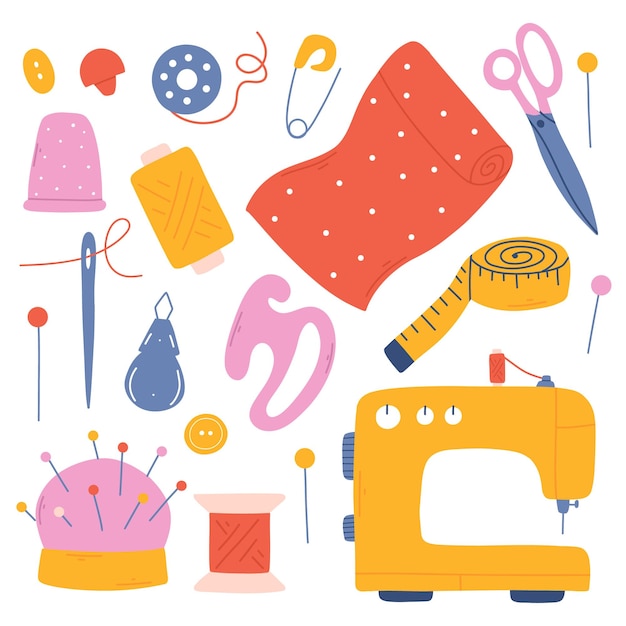 Conjunto de herramientas de costura Colección dibujada a mano de elementos de costura Agulla de máquina de coser Tejas hilo Ilustración vectorial aislada sobre fondo blanco