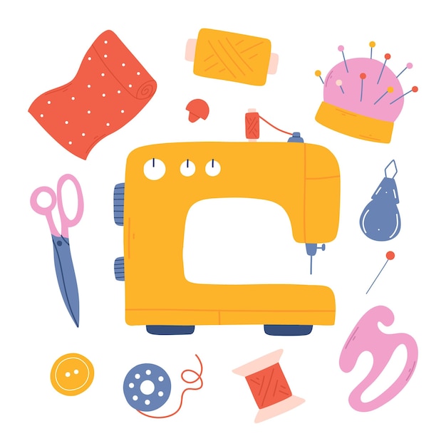 Conjunto de herramientas de costura Colección dibujada a mano de elementos de costura Agulla de máquina de coser Tejas hilo Ilustración vectorial aislada sobre fondo blanco