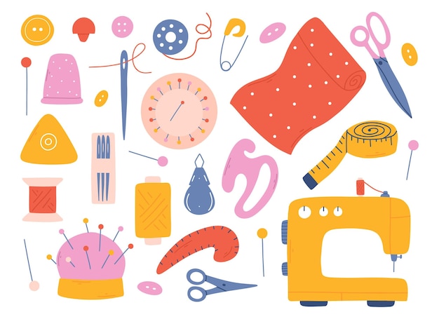 Conjunto de herramientas de costura Colección dibujada a mano de elementos de costura Agulla de máquina de coser Tejas hilo Ilustración vectorial aislada sobre fondo blanco