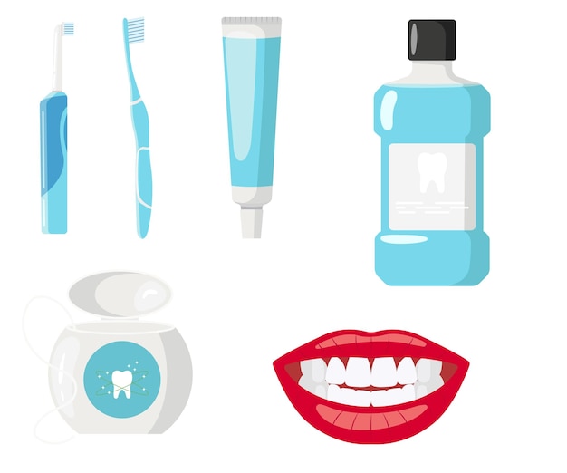 Conjunto de herramientas de cuidado bucal al estilo de dibujos animados Ilustración vectorial de herramientas de higiene dental cepillo de dientes eléctrico cepillo regular enjuague bucal pasta dental hilo dental sonrisa con dientes blancos