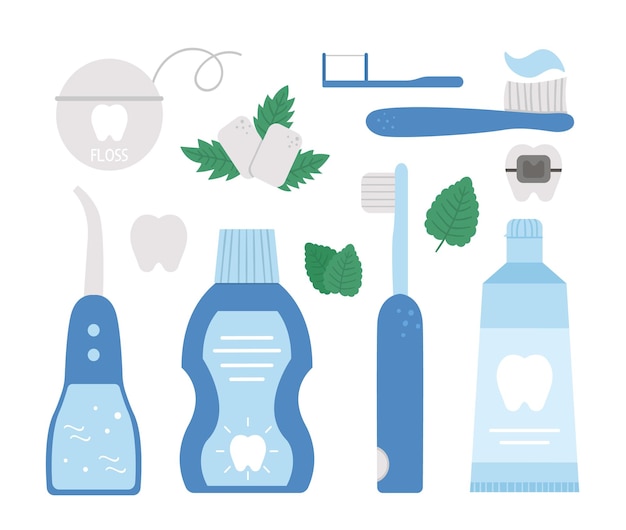 Conjunto de herramientas para el cuidado de los dientes. Colección de elementos para la limpieza de los dientes.
