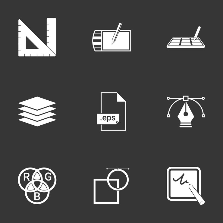 Vector conjunto de herramientas de diseño y dibujofondo negro