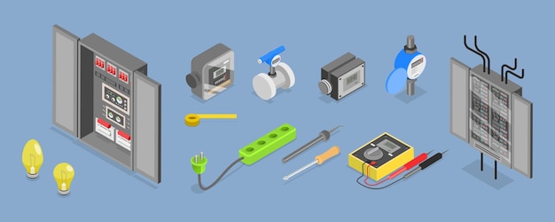 Conjunto de herramientas de electricista de vector plano isométrico 3D