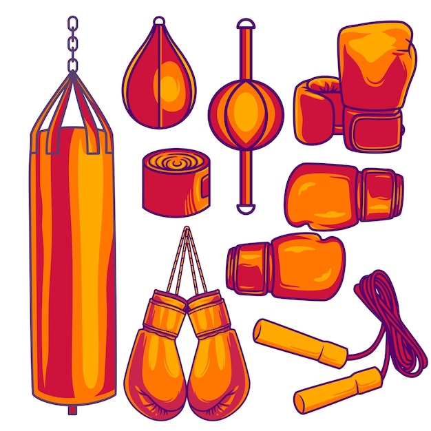 Conjunto de herramientas de equipos de boxeo Vector aislado sobre fondo blanco.