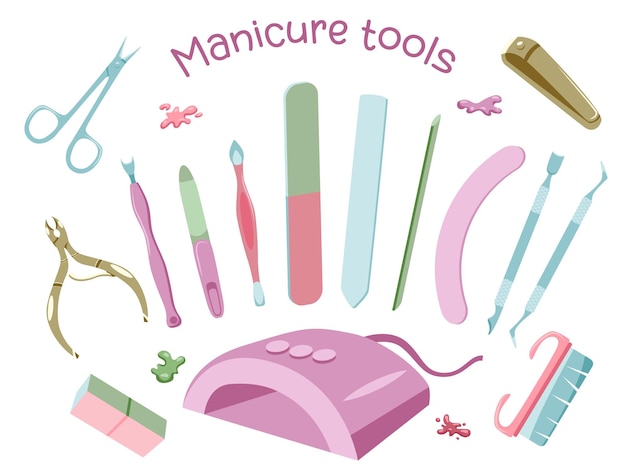 Conjunto de herramientas y equipos de manicura estilo plano de color pastel aislado sobre fondo blanco