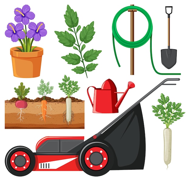 Vector conjunto de herramientas y equipos para plantas y jardinería.