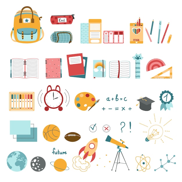 Conjunto de herramientas escolares, conjunto de íconos educativos, regreso a la escuela, papelería para colegial, escuela