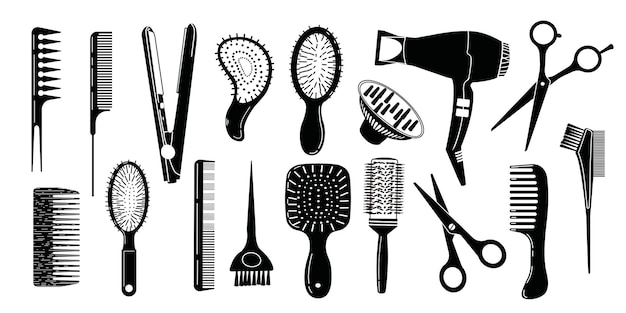 Conjunto de herramientas para estilistas de cabello Iconos en blanco y negro para salón de peluquería Tejedor de cabello tijeras de peine