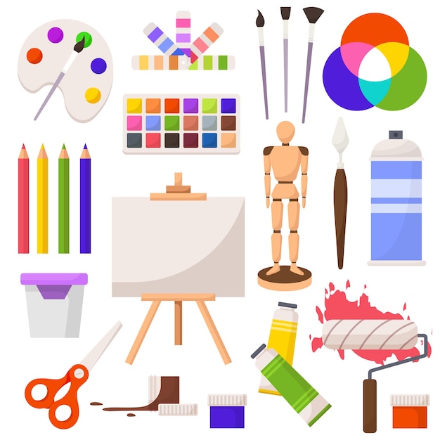 Conjunto de herramientas de fabricación de arte que incluye pinceles paletas paletas caballete y lienzo ilustración de diseño plano