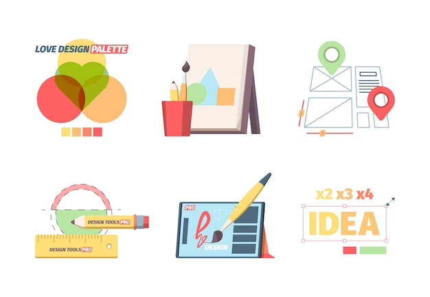 Conjunto de herramientas gráficas de diseñador. Lienzo de diseño de sitio web de desarrollo de paleta de selección de color creativo con formas geométricas abstractas ampliación del editor gráfico de ideas de palabras.