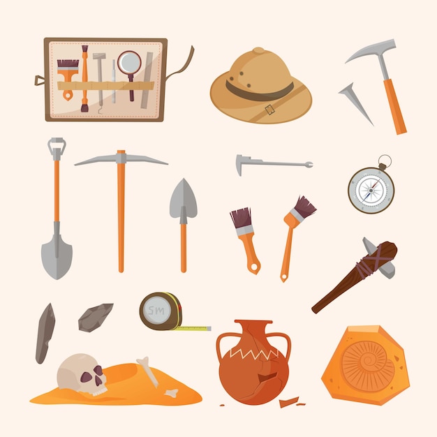 Vector conjunto de herramientas y hallazgos arqueológicos. cepillos instrumentos para excavar tesoros históricos sombrero para el sol cinta métrica para medir territorio antiguo ánfora y herramientas de pueblos primitivos. artefactos vectoriales.