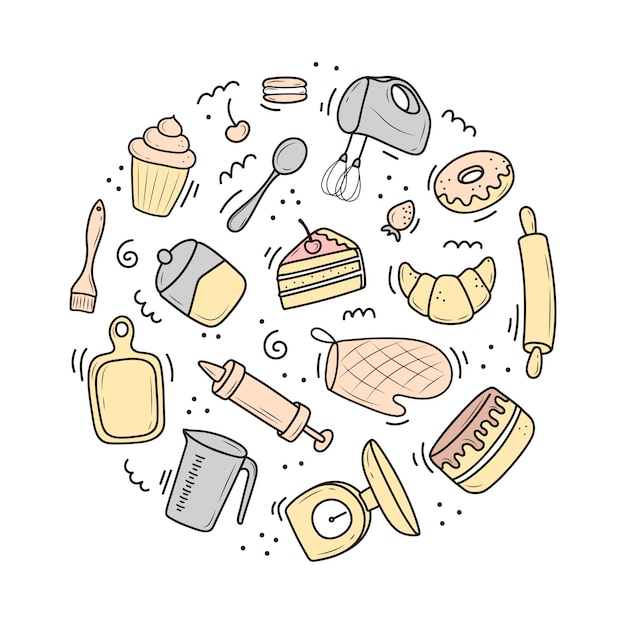 Vector un conjunto de herramientas para hornear y cocinar, una batidora, un pastel, una cuchara, una magdalena, una balanza. ilustración en el estilo de dibujo. un boceto dibujado a mano