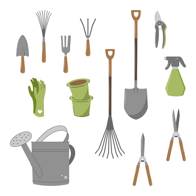 Conjunto de herramientas de jardín Trabajo de jardín Jardinería de hogar Herramientas de jardineros Iconos sobre fondo blanco
