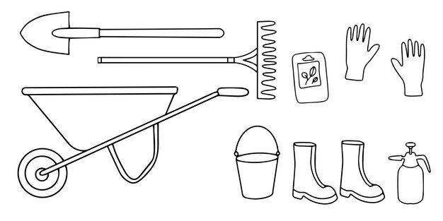 Conjunto de herramientas de jardinería para dibujar elementos vectoriales