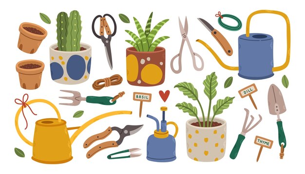 Conjunto de herramientas de jardinería y plantas en macetas aisladas en blanco. Paquete de equipos para plantas caseras.