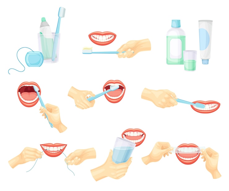 Vector conjunto de herramientas de limpieza bucal manos humanas con cepillo de dientes y pasta de dientes ilustración vectorial de higiene bucal en odontología