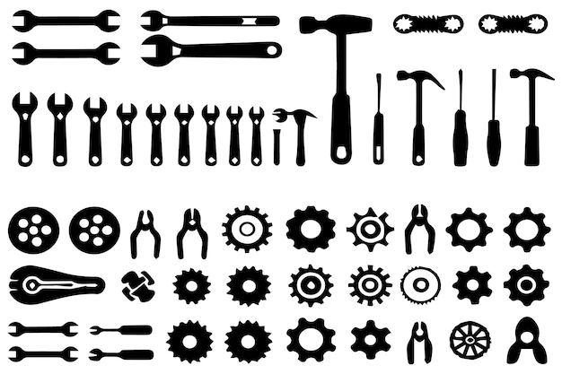 Un conjunto de herramientas de mano colección de íconos de silueta colección de iconos planos conjunto de ilustración vectorial