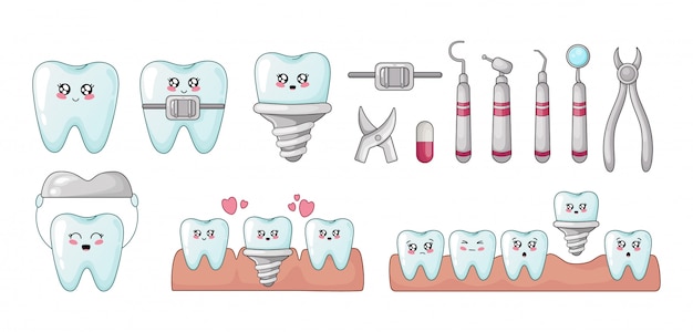 Conjunto de herramientas de odontología de dientes kawaii con diferentes emodji.