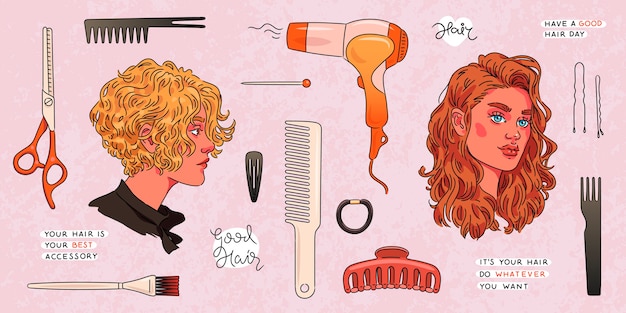 Vector conjunto de herramientas de peluquería y retratos de mujeres de belleza con variaciones de peinado