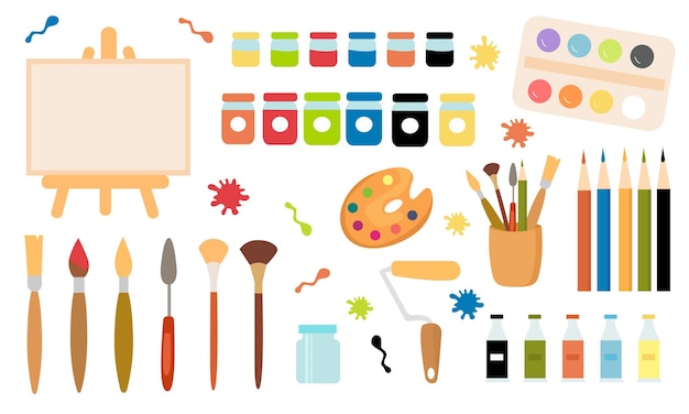 Conjunto de herramientas planas para la creatividad, el dibujo y el arte. Materiales para dibujar.