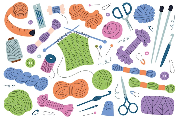 Conjunto de herramientas de tejer agujas de hilo coloridas tijeras alfileres y accesorios de costura en vector plano