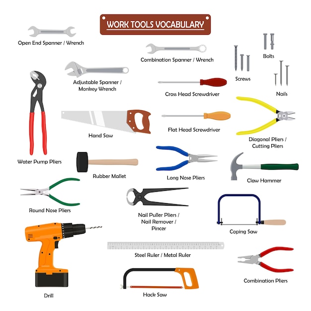 Conjunto de herramientas de trabajo vector de color Símbolo para la construcción de carpintería de ingeniería mecánica