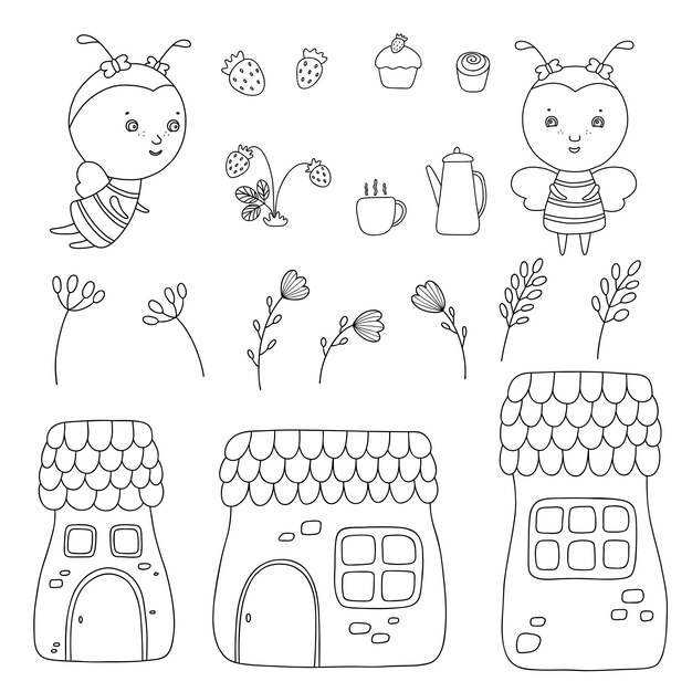 Conjunto con hervidor de abejas y taza de panadería y flores de fresa y casas Ilustración de contorno vectorial