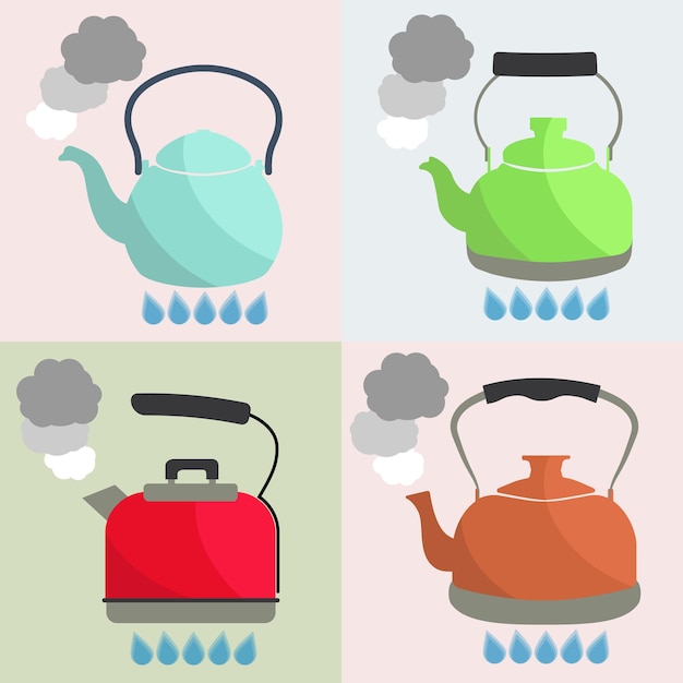 Conjunto de hervidor de agua hierve con ilustración de vector de estilo plano de agua. ilustración de stock de utensilios de cocina.