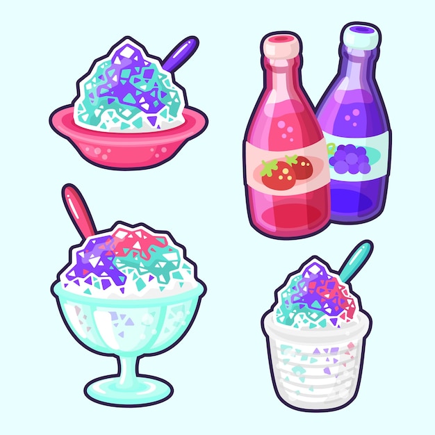 Un conjunto de hielo raspado de dibujos animados dibujados a mano con diferentes sabores