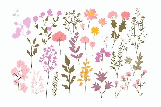 Conjunto de hierbas de campo de flores silvestres plantas de hierbas florales con hojas y flores aisladas sobre fondo blanco ilustración de dibujos animados vectoriales