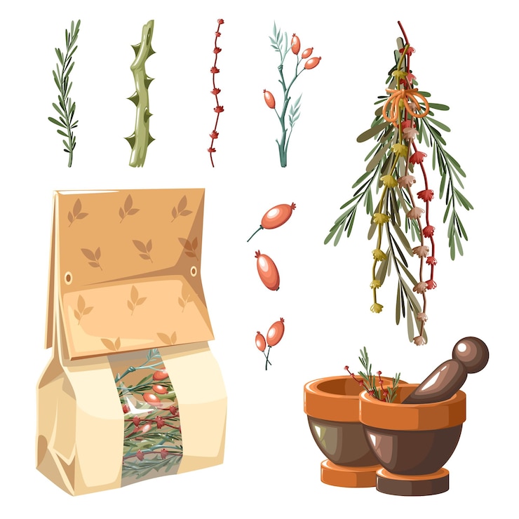 Vector un conjunto de hierbas medicinales y bolsa de papel.