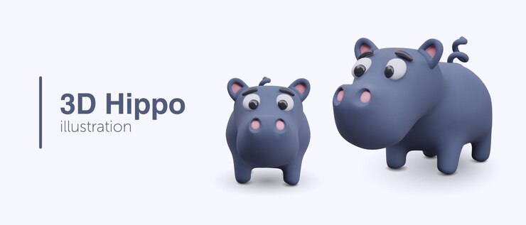Vector conjunto de hipopótamos en 3d vista desde diferentes lados animal salvaje colorido y lindo