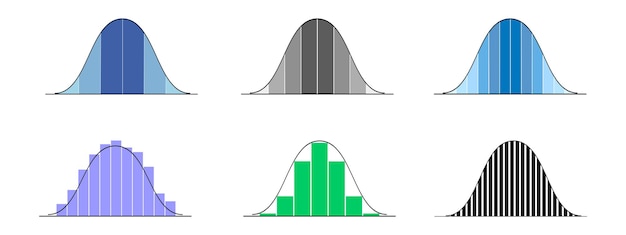 Conjunto de histogramas de distribución gaussiana o normal plantillas de curva de Bell con datos de columnas