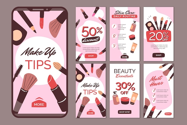 Vector conjunto de historias de instagram de belleza dibujadas a mano