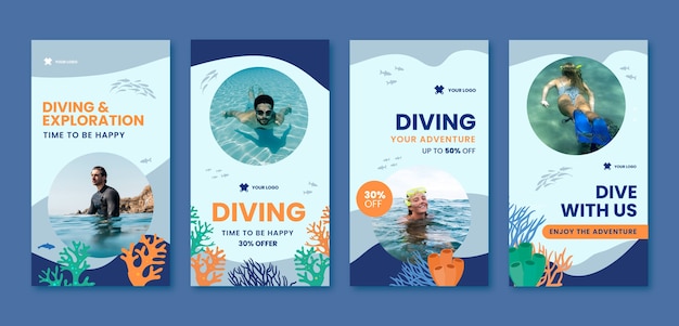 Conjunto de historias de instagram de buceo de diseño plano