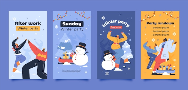 Vector conjunto de historias de instagram de fiesta de invierno dibujadas a mano