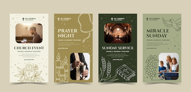 Vector conjunto de historias de instagram de iglesia cristiana de diseño plano
