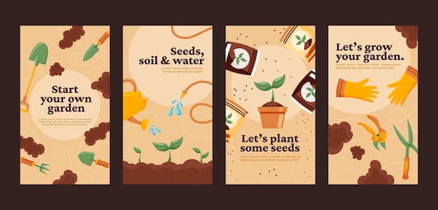 Vector conjunto de historias de instagram de jardinería dibujadas a mano