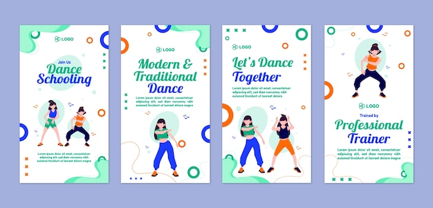 Conjunto de historias de instagram planas dibujadas a mano de escuela de baile