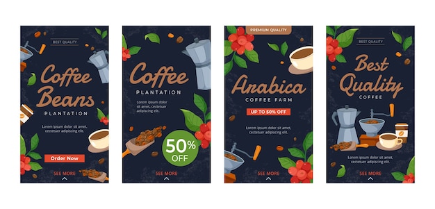 Conjunto de historias de instagram de plantaciones de café dibujadas a mano