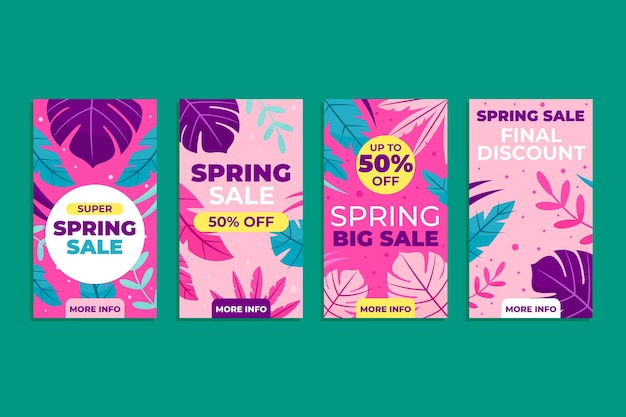 Vector conjunto de historias de instagram de rebajas de primavera plana