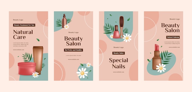 Conjunto de historias de instagram de salón de belleza realista