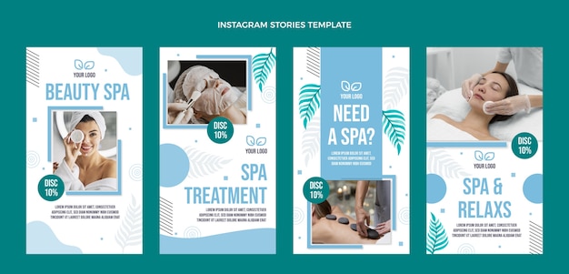 Conjunto de historias de instagram de tratamiento de spa de diseño plano