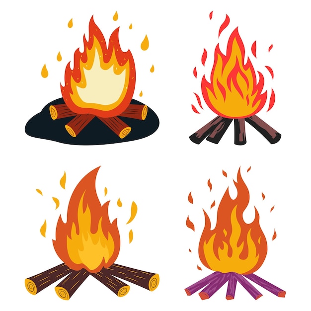 Conjunto de hoguera ardiente llama de fuego caliente con luz de brillo naranja