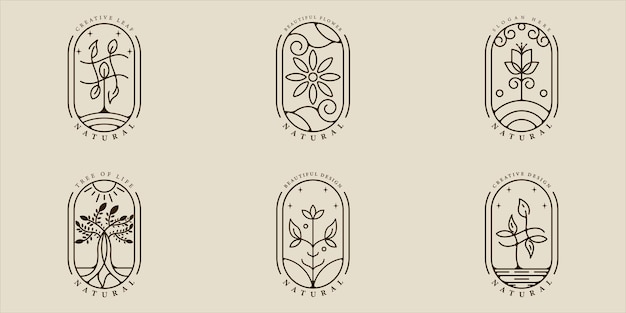 Conjunto de hoja ecología logo línea arte simple vector ilustración plantilla icono diseño gráfico colección de paquetes de varias naturalezas o signos y símbolos naturales para el concepto de jardín o medio ambiente con insignia