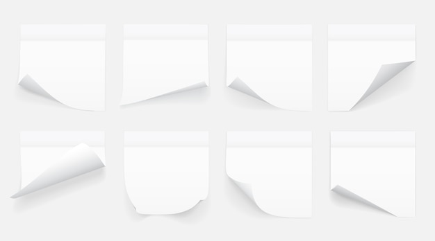 Conjunto de hojas blancas de papel de nota aislado sobre fondo transparente. Notas adhesivas.