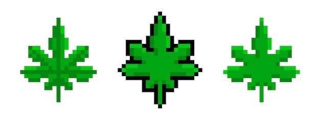 Conjunto de hojas de cáñamo verde pixel. Marihuana pixelada con efecto narcótico relajante ganja natural con efecto vector medicinal