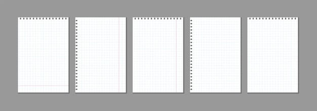 Conjunto de hojas a cuadros en blanco vectorial para notas plantilla en blanco simulacro listo para mensajes de notas colección de bloc de notas a cuadros en espiral en el espacio de copia de primavera para su texto