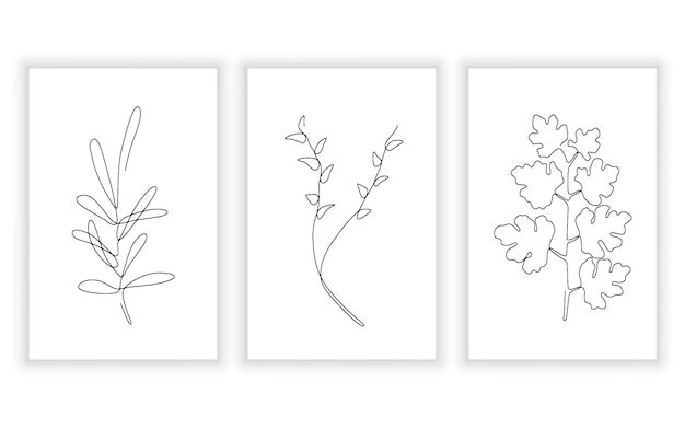 Conjunto de hojas elegantes sobre fondo blanco Flor elegante de estilo de dibujo de una línea para diseño imprimible